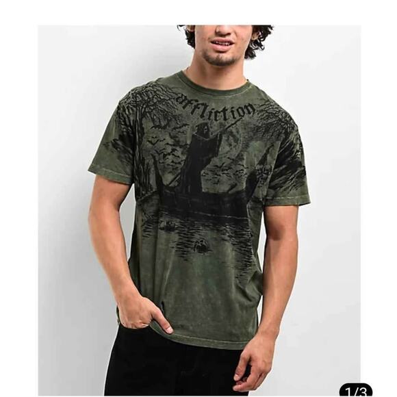 Affliction Ghost Army Guys Grim Reeper Graphic TShirt Army Green, M NEW - Picture 1 of 6